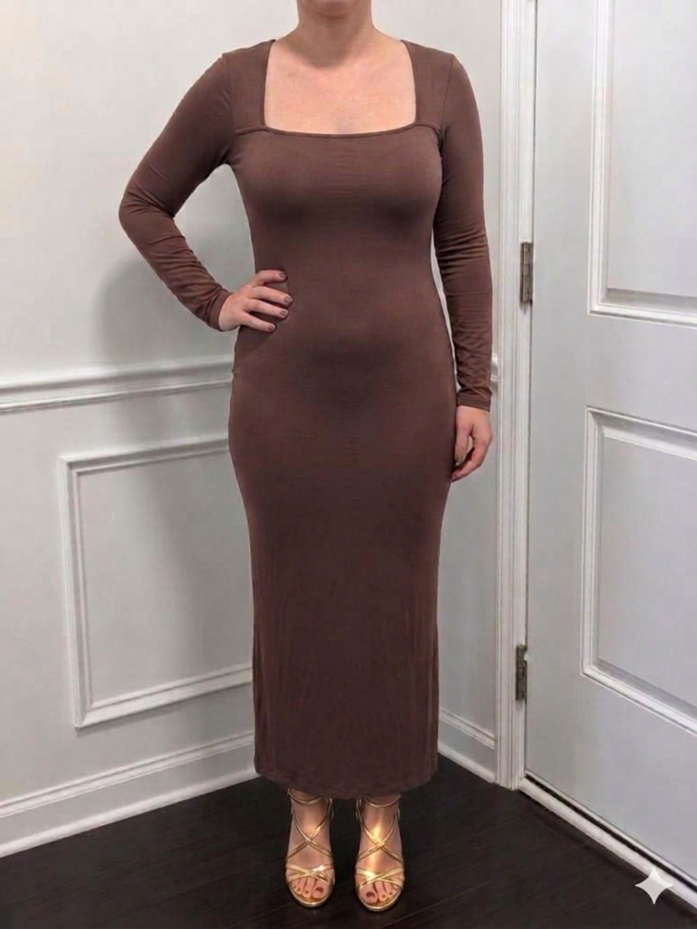 ReoRia Brown Square-Neck Long Sleeve Bodycon Maxi Dress